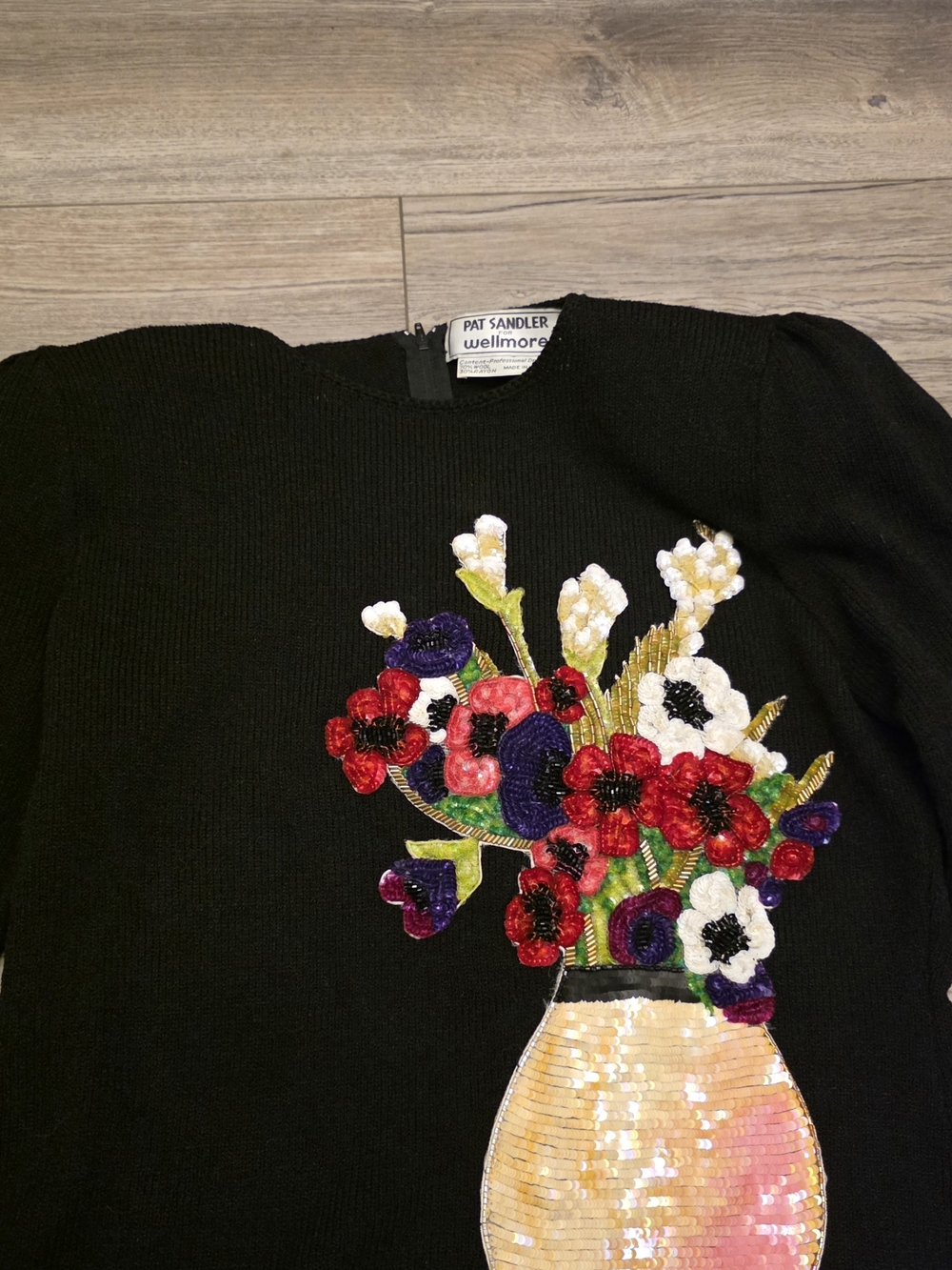 Vtg 80s Pat Sandler Wellmore Sequin Beaded Flower Vase Knit Top Size 10 - Picture 3 of 9